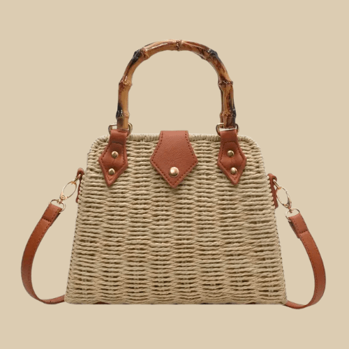 Woven Straw Handbag With Natural Bamboo Handle - Brown Boho Summer Bag