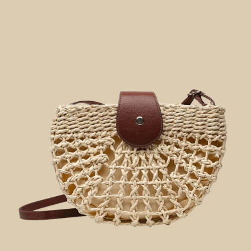 Round Straw Bag Leather Strap | Tiffany Beige